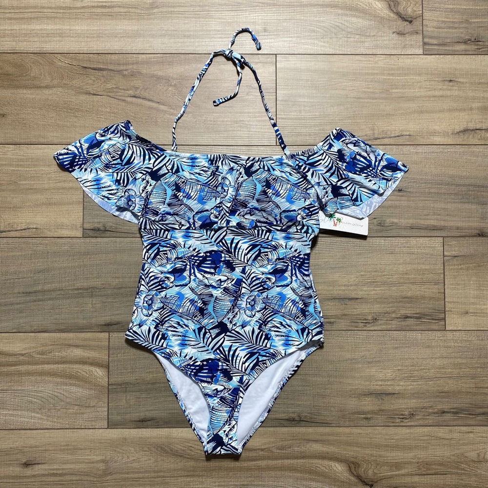 Stylish Swimwear Womens One Piece Floral‎ Ruffle Halter Swimsuit Size L Blue
